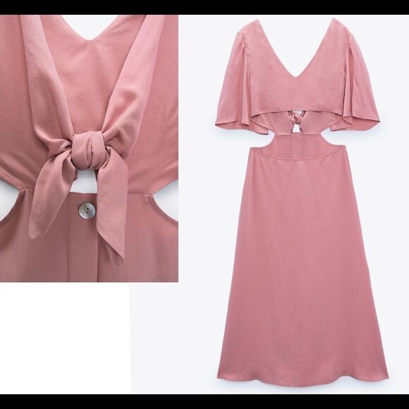 Zara pink cut out tied V-neck front button midi dress Sz M NWT - Picture 3 of 8
